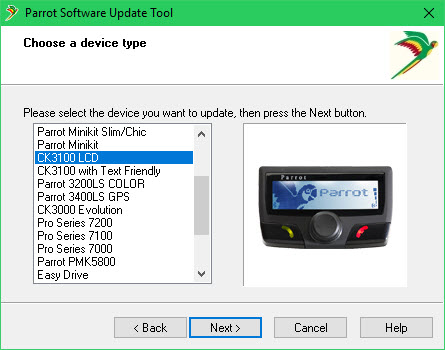 Selecteer het juiste type Parrot Carkit.