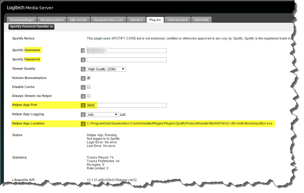 Logitech Squeezebox Media Server Spotify Settings